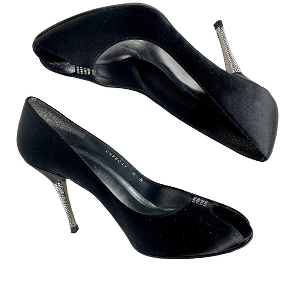 STUART WEITZMAN CW98017 BLACK SATIN CRYSTAL PEEP TOE PUMP EVENING HEELS - Picture 7 of 14